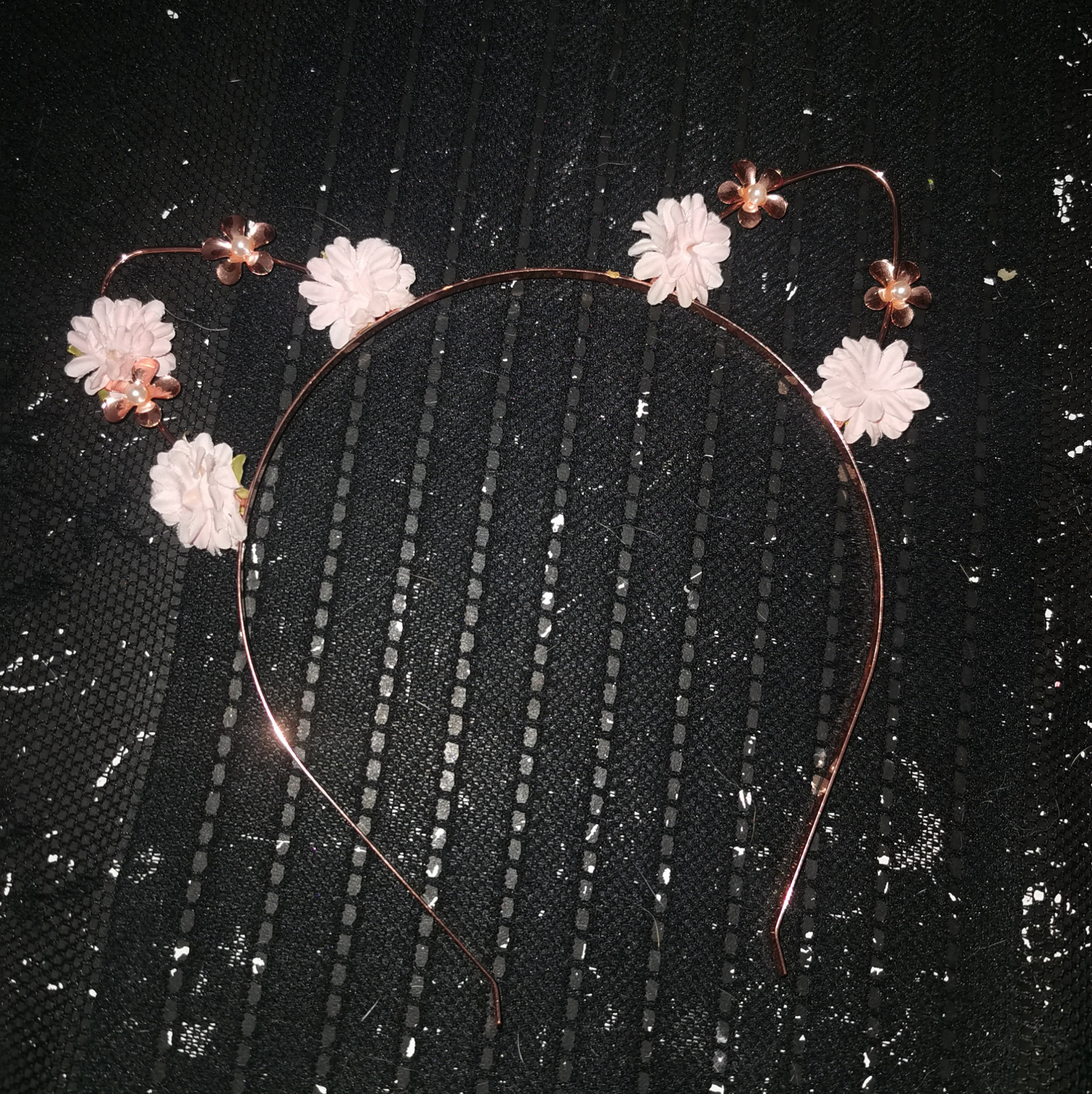 Gold alice band feline ears with pink flowers